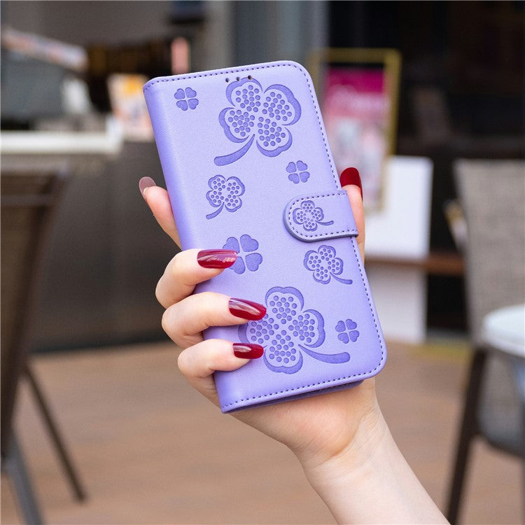 For Samsung Galaxy S25 Edge Case Clover Pattern Wallet Stand View Leather Phone Cover - Purple