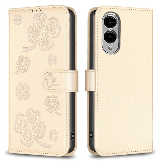For Samsung Galaxy S25 Edge Case Clover Pattern Wallet Stand View Leather Phone Cover - Gold