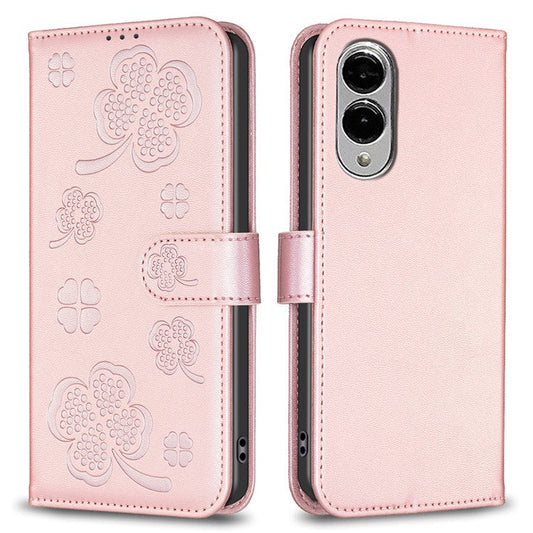 For Samsung Galaxy S25 Edge Case Clover Pattern Wallet Stand View Leather Phone Cover - Pink