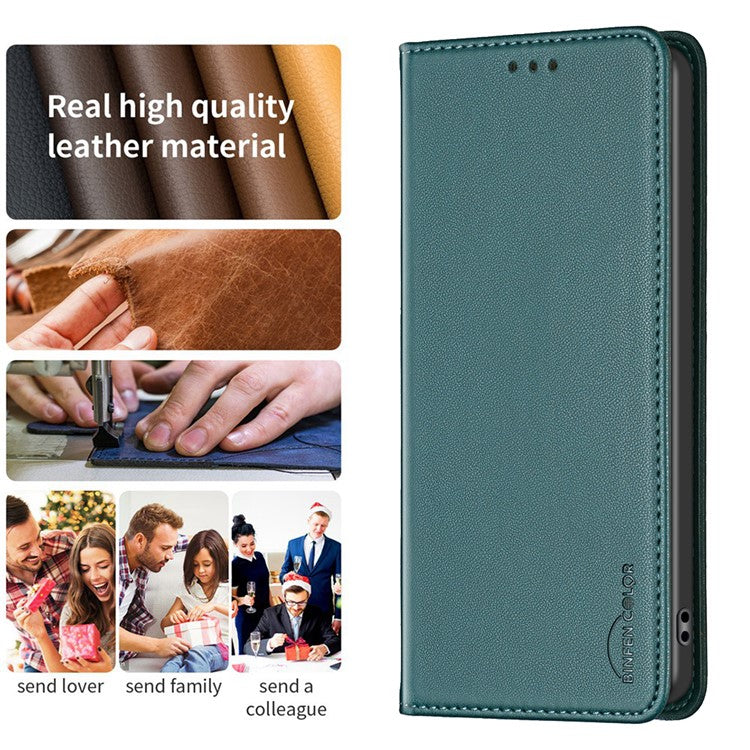 BINFEN COLOR BF18 For Samsung Galaxy S25 Edge Leather Case Card Slots Phone Cover - Green