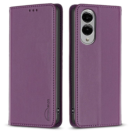 BINFEN COLOR BF18 For Samsung Galaxy S25 Edge Leather Case Card Slots Phone Cover - Dark Purple