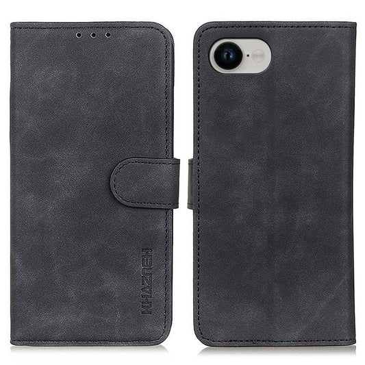 KHAZNEH For iPhone 16e Case PU Leather Retro Texture Phone Cover - Black