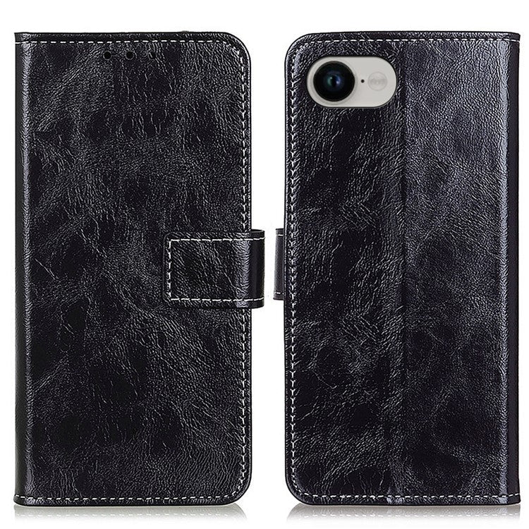 For iPhone 16e Case Wallet Leather Phone Cover Crazy Horse Texture - Black