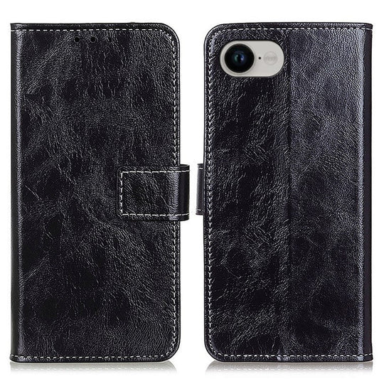 For iPhone 16e Case Wallet Leather Phone Cover Crazy Horse Texture - Black