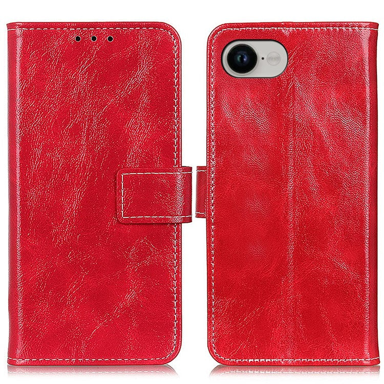For iPhone 16e Case Wallet Leather Phone Cover Crazy Horse Texture - Red