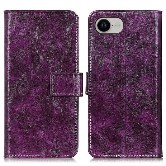 For iPhone 16e Case Wallet Leather Phone Cover Crazy Horse Texture - Purple
