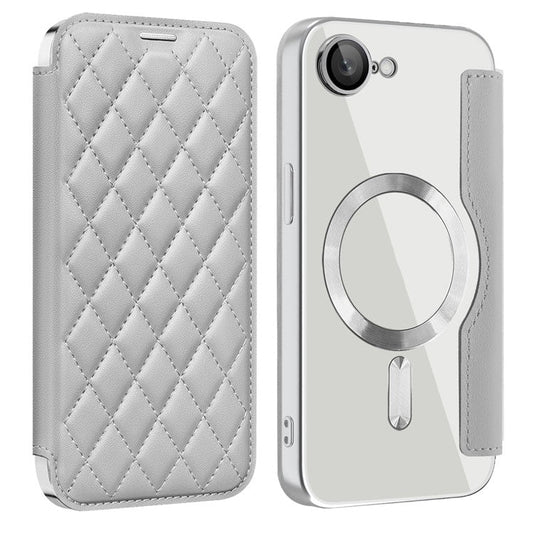 For iPhone 16e Case Compatible with MagSafe Rhombus PU Leather Phone Cover - Titanium Grey