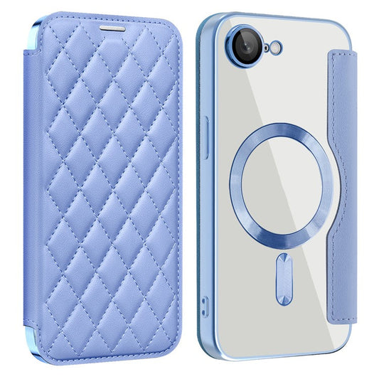 For iPhone 16e Case Compatible with MagSafe Rhombus PU Leather Phone Cover - Blue