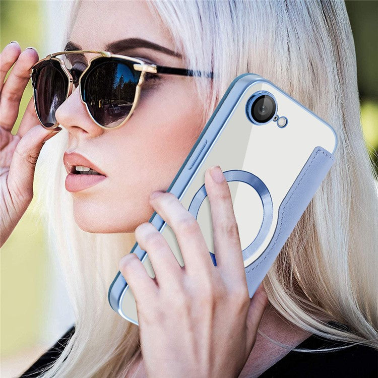 For iPhone 16e Case Compatible with MagSafe Rhombus PU Leather Phone Cover - Blue