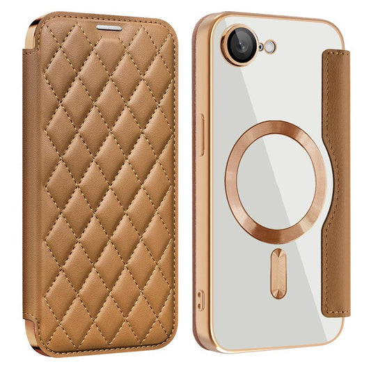 For iPhone 16e Case Compatible with MagSafe Rhombus PU Leather Phone Cover - Brown