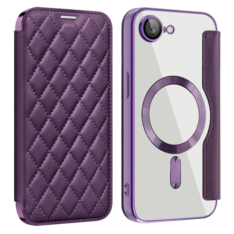 For iPhone 16e Case Compatible with MagSafe Rhombus PU Leather Phone Cover - Dark Purple