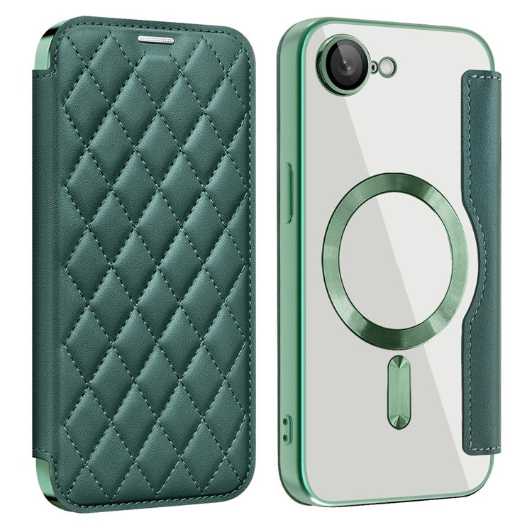 For iPhone 16e Case Compatible with MagSafe Rhombus PU Leather Phone Cover - Blackish Green