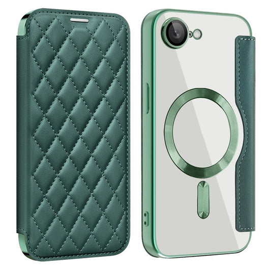 For iPhone 16e Case Compatible with MagSafe Rhombus PU Leather Phone Cover - Blackish Green