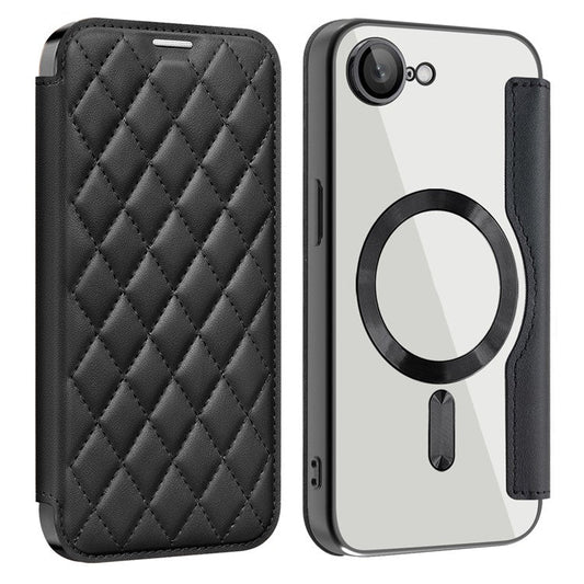 For iPhone 16e Case Compatible with MagSafe Rhombus PU Leather Phone Cover - Black