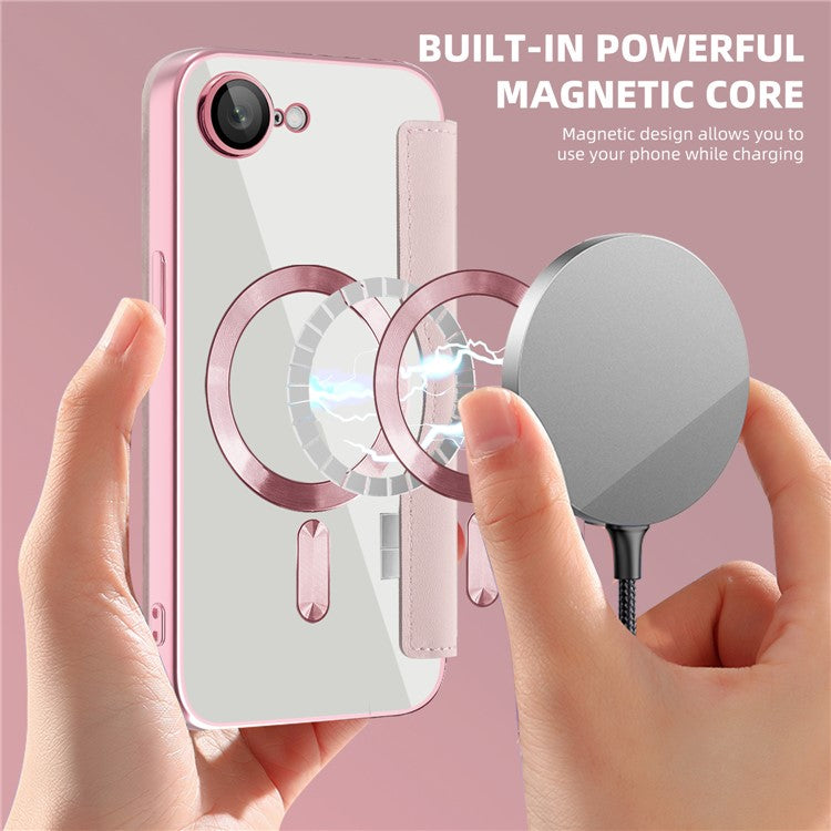 For iPhone 16e Case Compatible with MagSafe Rhombus PU Leather Phone Cover - Pink