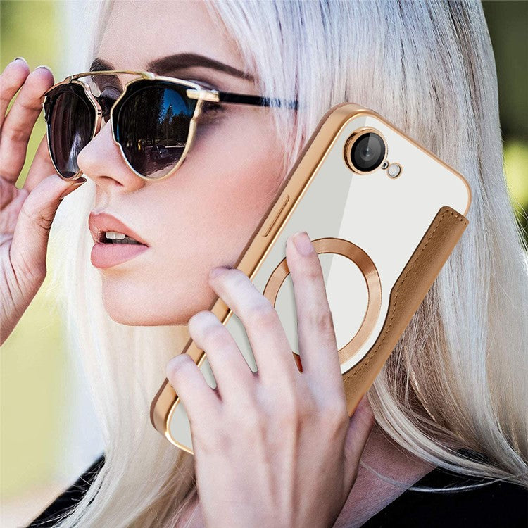 For iPhone 16e Case Compatible with MagSafe RFID Blocking Leather Phone Cover - Brown