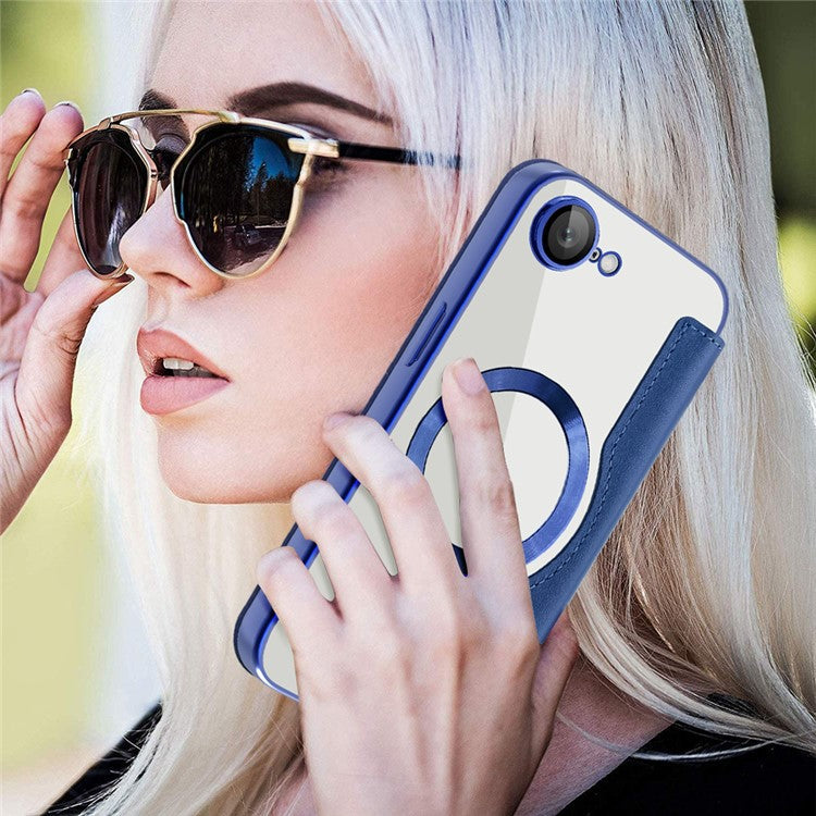 For iPhone 16e Case Compatible with MagSafe RFID Blocking Leather Phone Cover - Sapphire