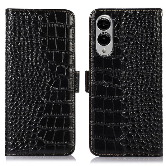 For Samsung Galaxy S25 Edge Case Wallet Crocodile Texture Genuine Cow Leather Phone Cover - Black
