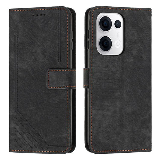 For Oppo Reno13 5G (Global) Case Imprinted Lines Leather Phone Cover with Stand - Black