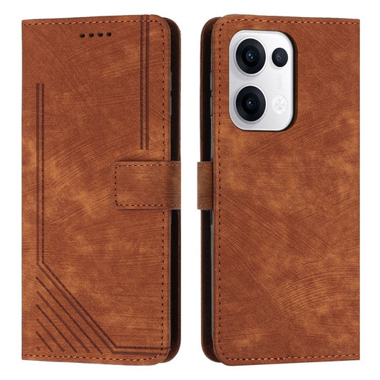 For Oppo Reno13 5G (Global) Case Imprinted Lines Leather Phone Cover with Stand - Brown
