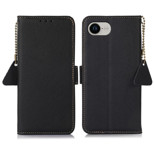 For iPhone 16e Wallet Case RFID Blocking Genuine Cow Leather Phone Cover - Black