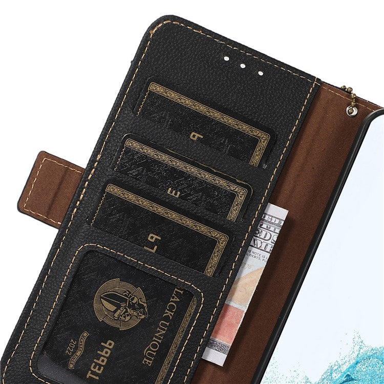 For iPhone 16e Wallet Case RFID Blocking Genuine Cow Leather Phone Cover - Black