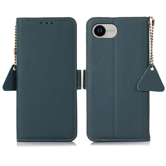 For iPhone 16e Wallet Case RFID Blocking Genuine Cow Leather Phone Cover - Green
