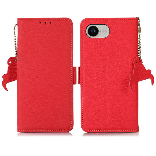 For iPhone 16e Wallet Case RFID Blocking Genuine Cow Leather Phone Cover - Red