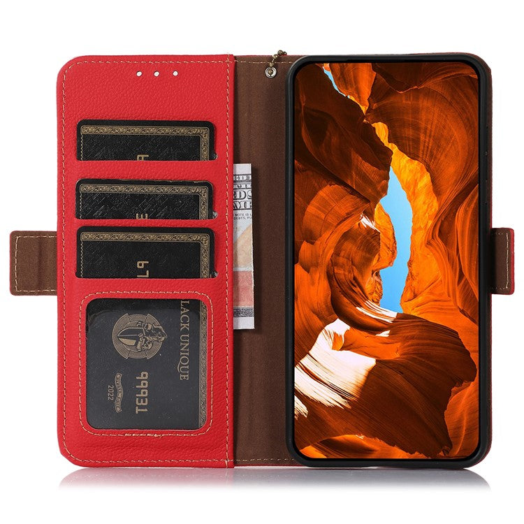 For iPhone 16e Wallet Case RFID Blocking Genuine Cow Leather Phone Cover - Red