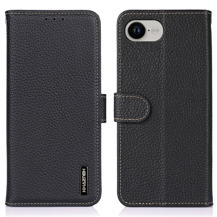 KHAZNEH For iPhone 16e Case Genuine Cow Leather Flip Phone Cover - Black