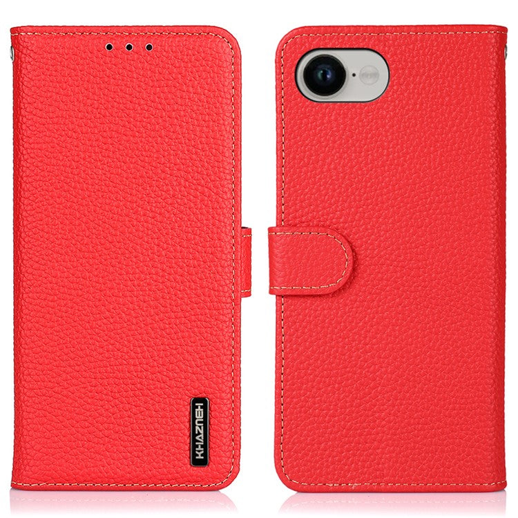 KHAZNEH For iPhone 16e Case Genuine Cow Leather Flip Phone Cover - Red