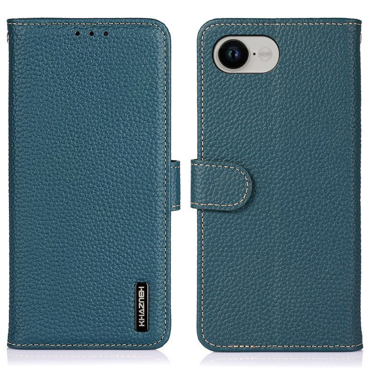 KHAZNEH For iPhone 16e Case Genuine Cow Leather Flip Phone Cover - Green