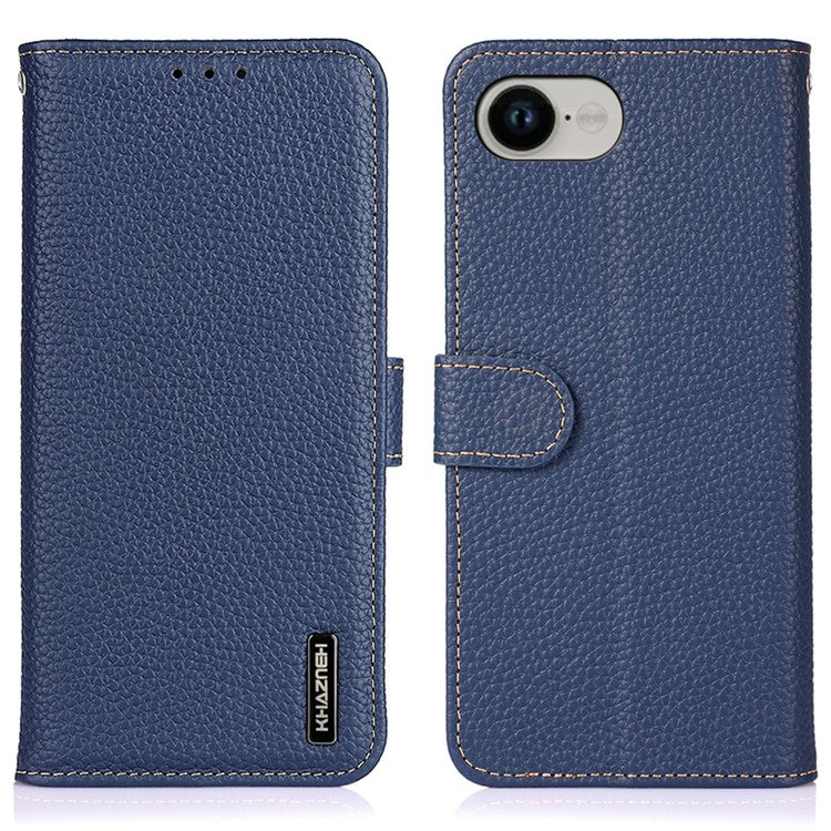 KHAZNEH For iPhone 16e Case Genuine Cow Leather Flip Phone Cover - Blue