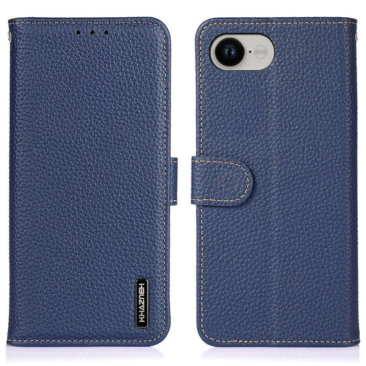 KHAZNEH For iPhone 16e Case Genuine Cow Leather Flip Phone Cover - Blue