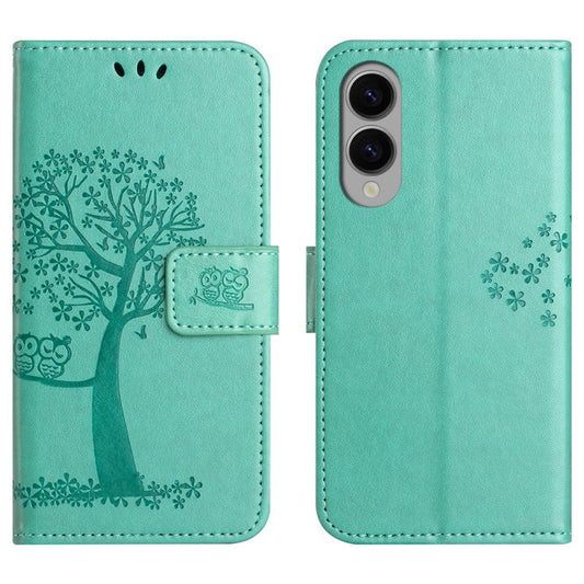 For Samsung Galaxy S25 Edge Case PU Leather Owl Tree Imprinted Wallet Phone Cover - Cyan