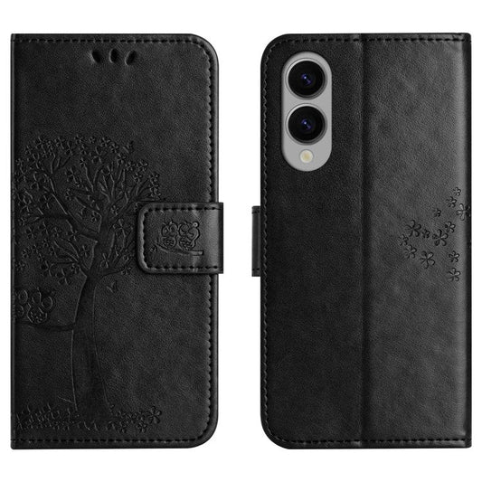 For Samsung Galaxy S25 Edge Case PU Leather Owl Tree Imprinted Wallet Phone Cover - Black