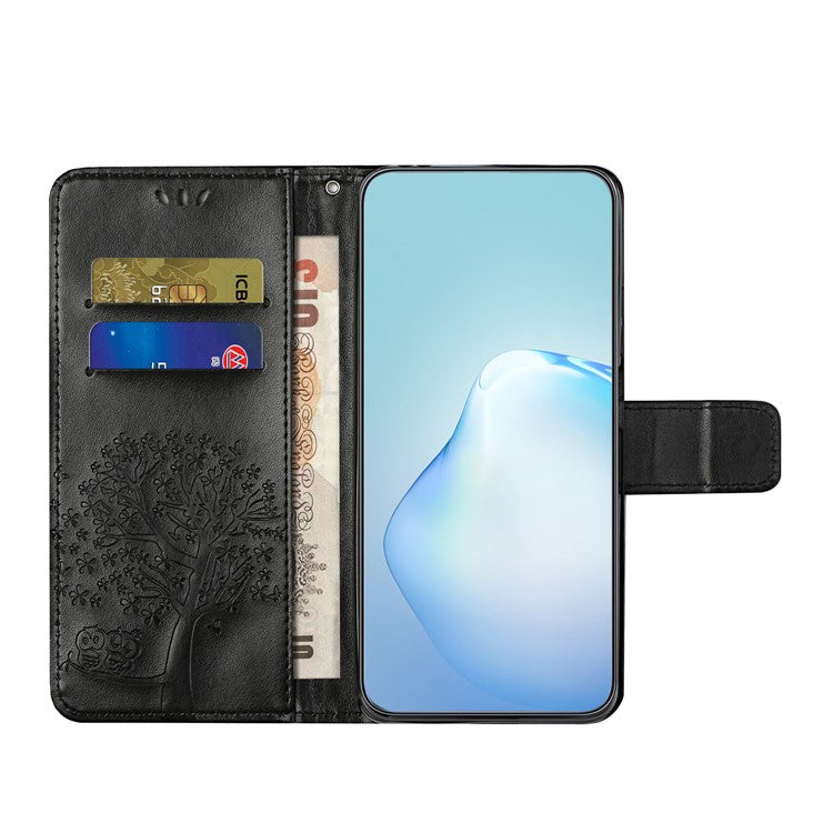 For Samsung Galaxy S25 Edge Case PU Leather Owl Tree Imprinted Wallet Phone Cover - Black