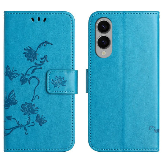 For Samsung Galaxy S25 Edge Case Wallet Stand Imprinted Butterfly Flower PU Leather Phone Cover - Blue