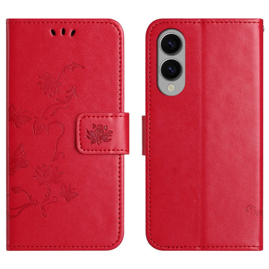 For Samsung Galaxy S25 Edge Case Wallet Stand Imprinted Butterfly Flower PU Leather Phone Cover - Red