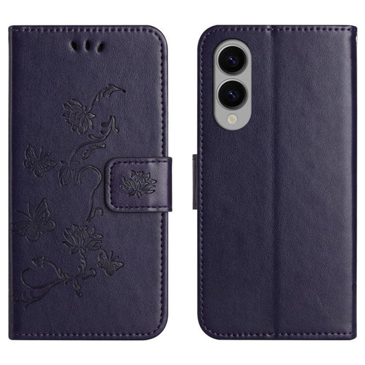 For Samsung Galaxy S25 Edge Case Wallet Stand Imprinted Butterfly Flower PU Leather Phone Cover - Dark Blue