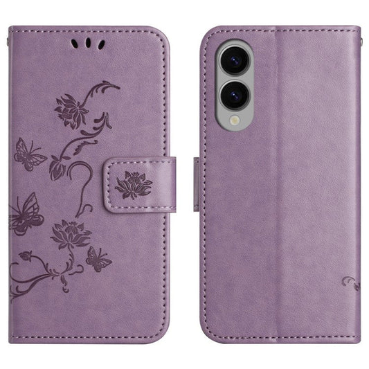 For Samsung Galaxy S25 Edge Case Wallet Stand Imprinted Butterfly Flower PU Leather Phone Cover - Purple
