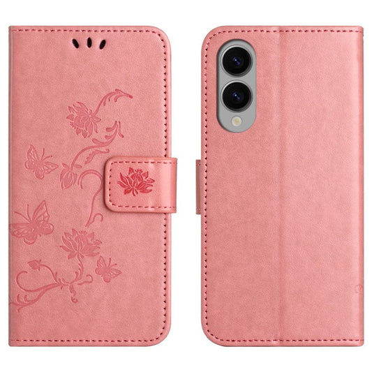 For Samsung Galaxy S25 Edge Case Wallet Stand Imprinted Butterfly Flower PU Leather Phone Cover - Pink