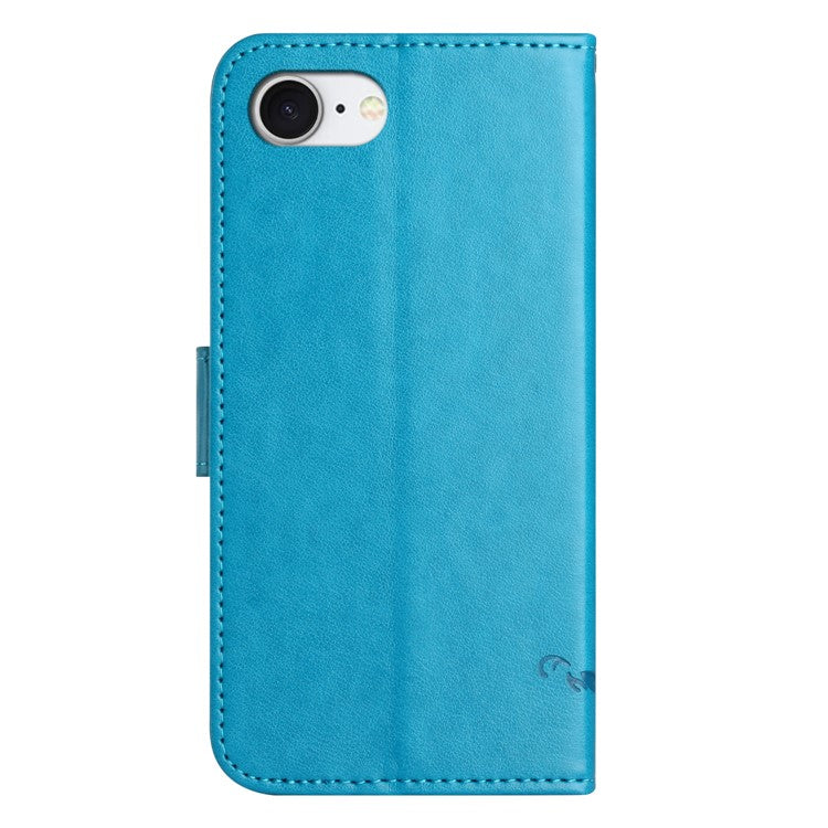 For iPhone 16e Case Wallet Stand Imprinted Butterfly Flower PU Leather Phone Cover - Blue
