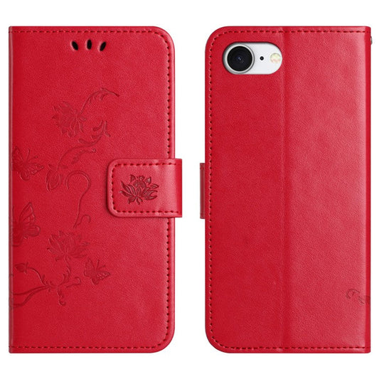 For iPhone 16e Case Wallet Stand Imprinted Butterfly Flower PU Leather Phone Cover - Red