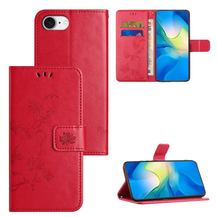For iPhone 16e Case Wallet Stand Imprinted Butterfly Flower PU Leather Phone Cover - Red