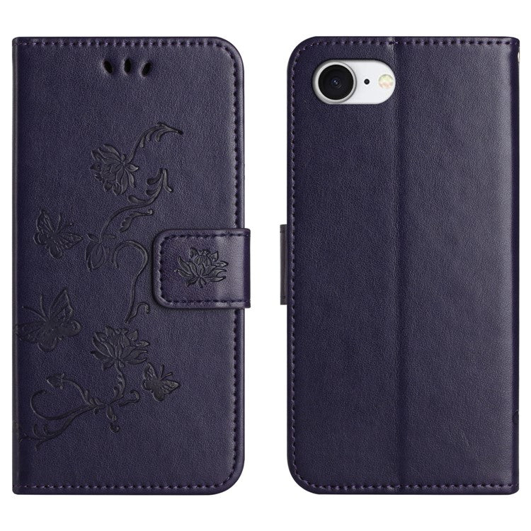 For iPhone 16e Case Wallet Stand Imprinted Butterfly Flower PU Leather Phone Cover - Dark Blue