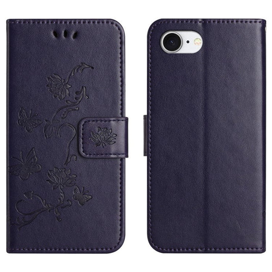 For iPhone 16e Case Wallet Stand Imprinted Butterfly Flower PU Leather Phone Cover - Dark Blue