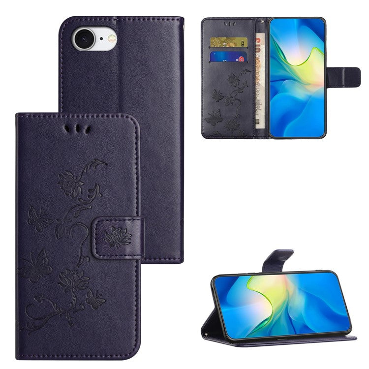 For iPhone 16e Case Wallet Stand Imprinted Butterfly Flower PU Leather Phone Cover - Dark Blue