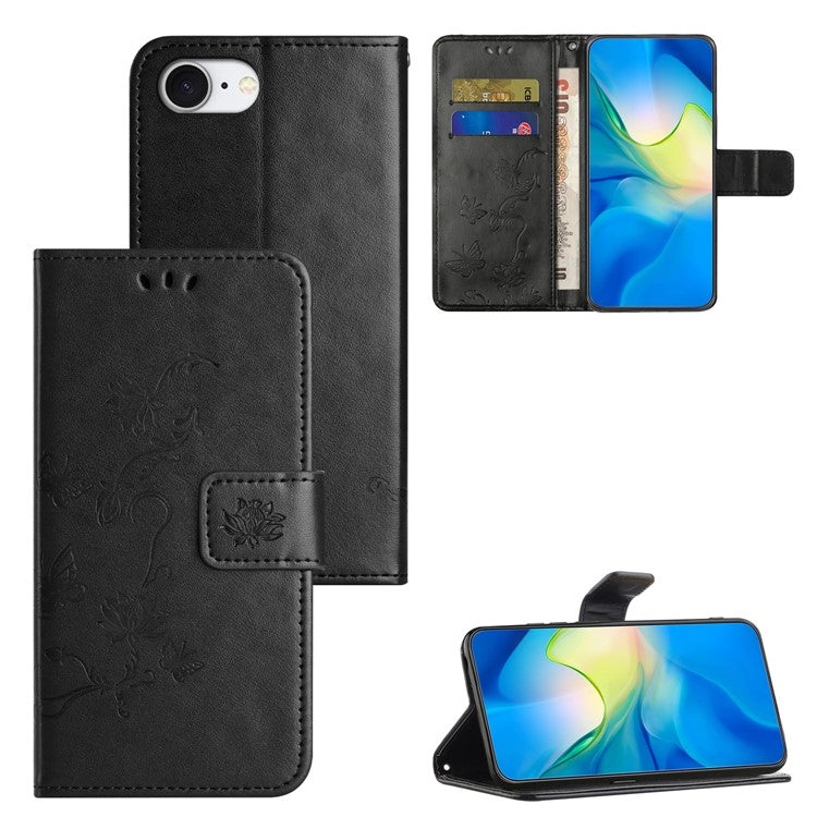 For iPhone 16e Case Wallet Stand Imprinted Butterfly Flower PU Leather Phone Cover - Black