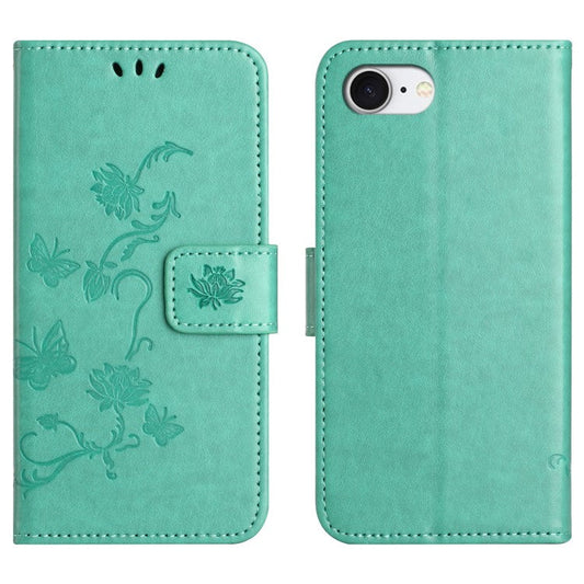 For iPhone 16e Case Wallet Stand Imprinted Butterfly Flower PU Leather Phone Cover - Cyan